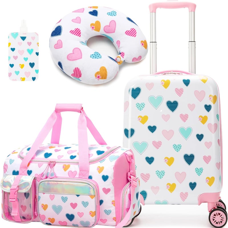 Esteemly Kid's Luggage Set 3 Piece Suitcase Set 16" Hardside Luggage with Spinner Wheels Girls Carry on Toddler Travel Rolling Suitcase with Duffle Bag Neck Pillow Airline Approved - Image 1